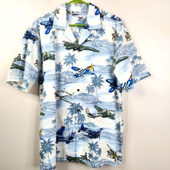 Vintage Aloha Republic Short Sleeve War Plane Print Hawaiian Shirt Large - Picture 1 of 5